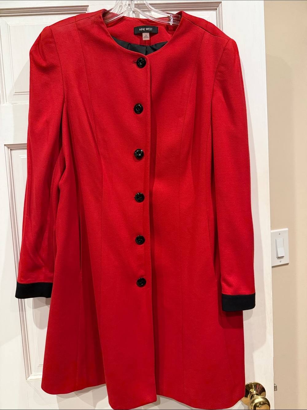 Nine West Red A-Line Coat with Black Cuffs and Buttons